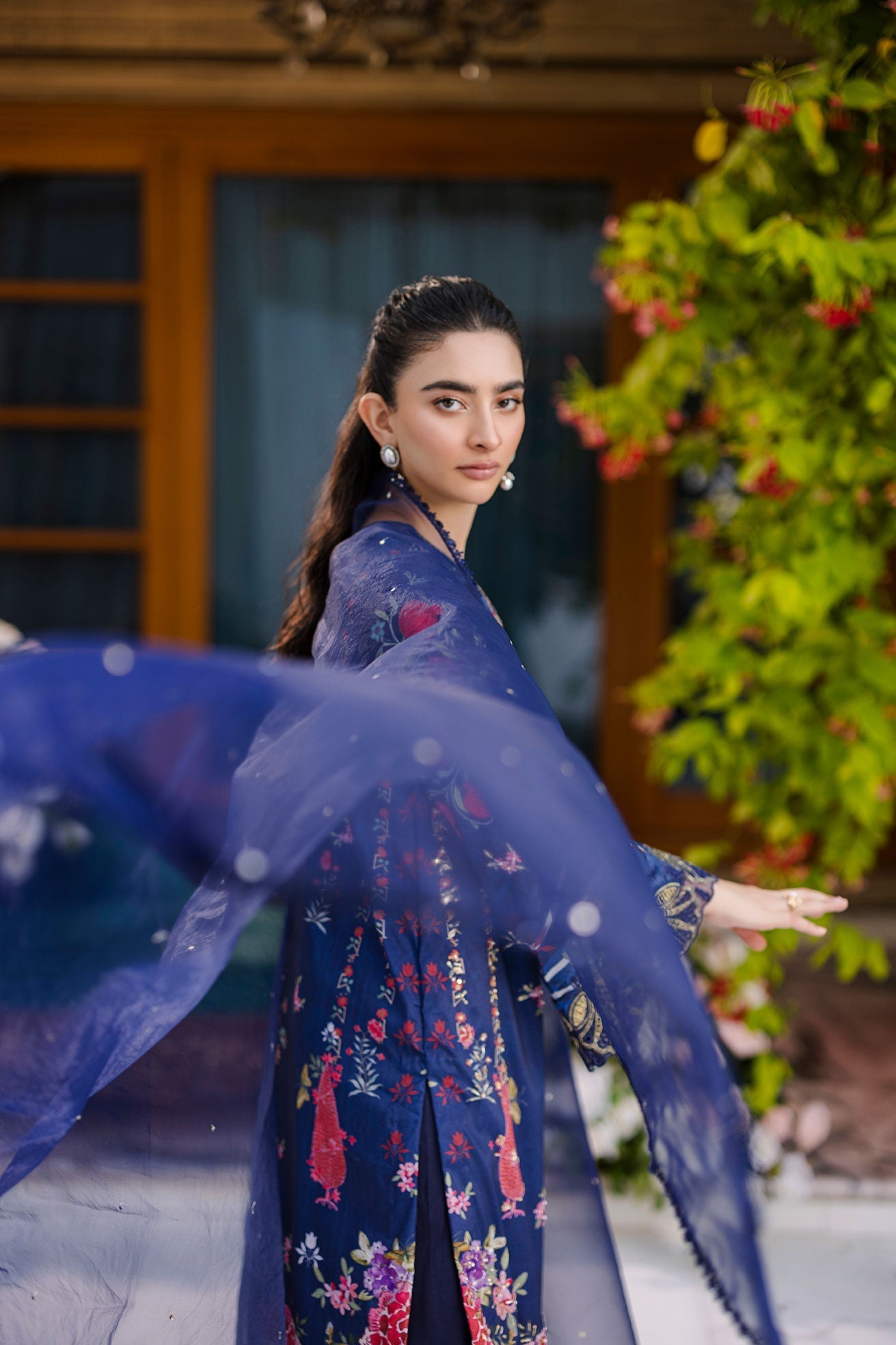 Dhanak | Silk Pret | Silk Tunic - 2PCS HAND EMBELLISHED SHIRT WITH TROUSER- NAVY BLUE - House Of Hania