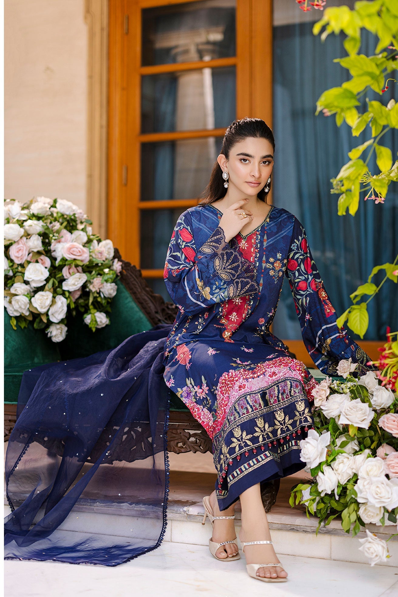 Dhanak | Silk Pret | Silk Tunic - 2PCS HAND EMBELLISHED SHIRT WITH TROUSER- NAVY BLUE - House Of Hania