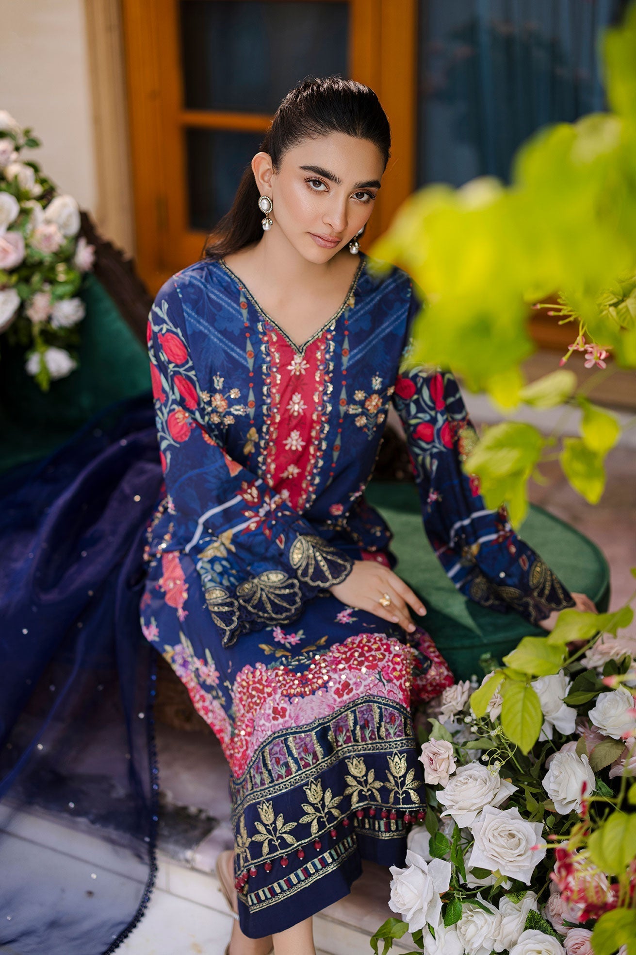Dhanak | Silk Pret | Silk Tunic - 2PCS HAND EMBELLISHED SHIRT WITH TROUSER- NAVY BLUE - House Of Hania