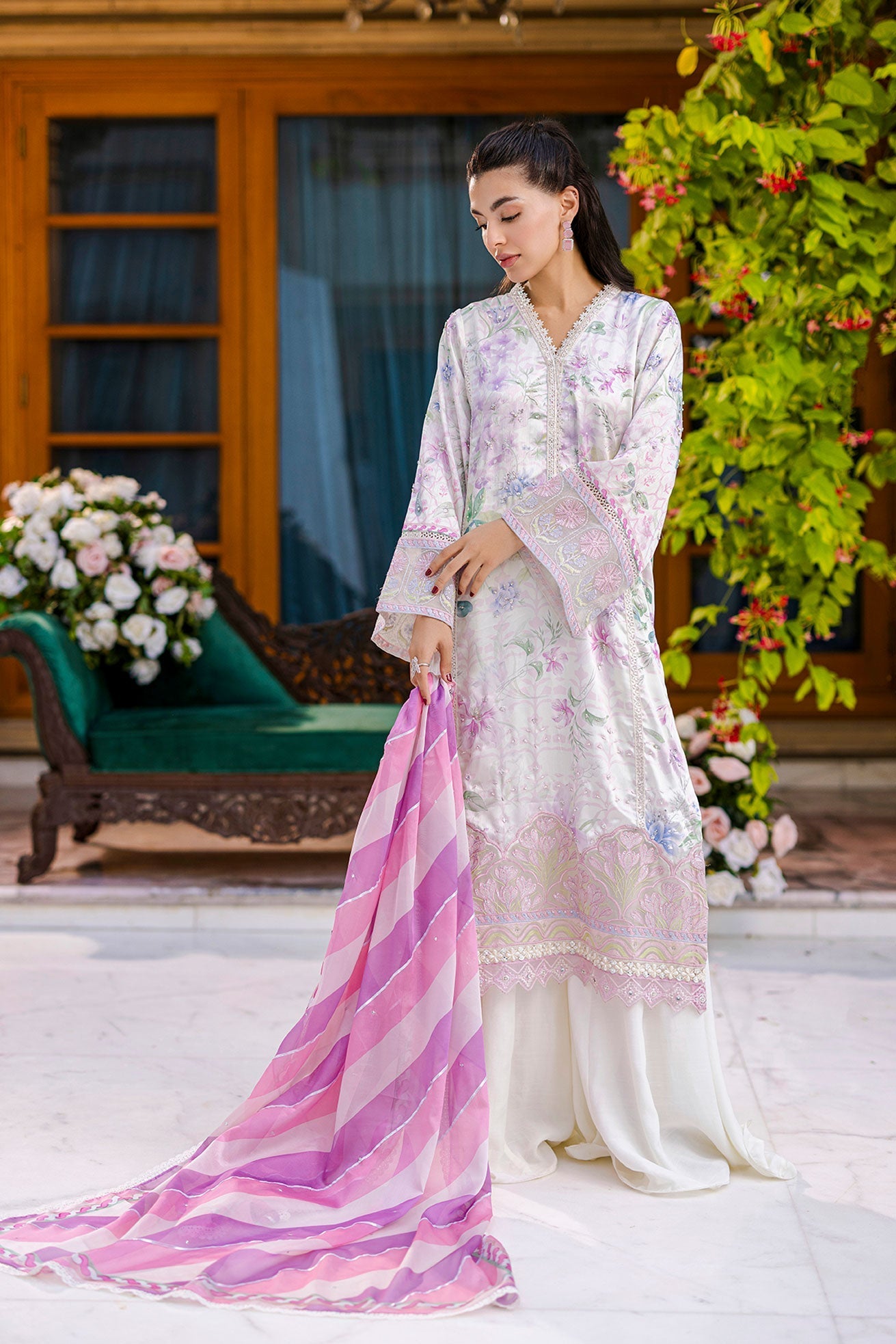 Dhanak | Silk Pret | Silk Tunic - 2PCS HAND EMBELLISHED SHIRT WITH TROUSER- OFF WHITE - House Of Hania