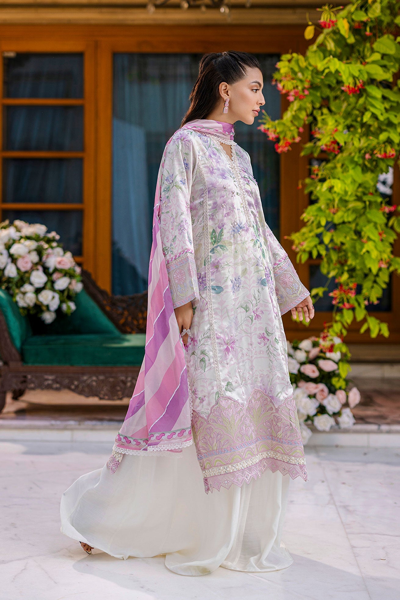 Dhanak | Silk Pret | Silk Tunic - 2PCS HAND EMBELLISHED SHIRT WITH TROUSER- OFF WHITE - House Of Hania