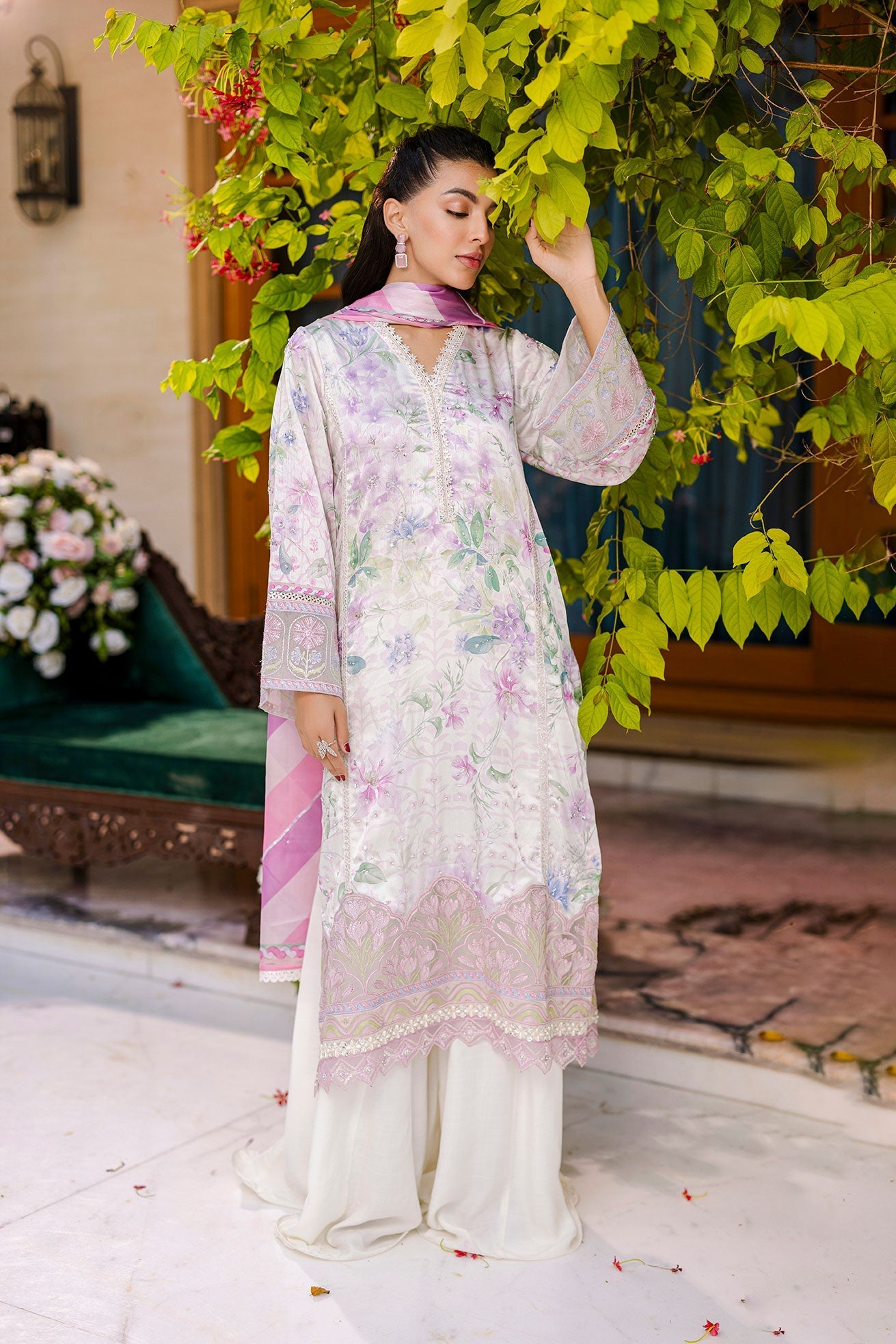 Dhanak | Silk Pret | Silk Tunic - 2PCS HAND EMBELLISHED SHIRT WITH TROUSER- OFF WHITE - House Of Hania