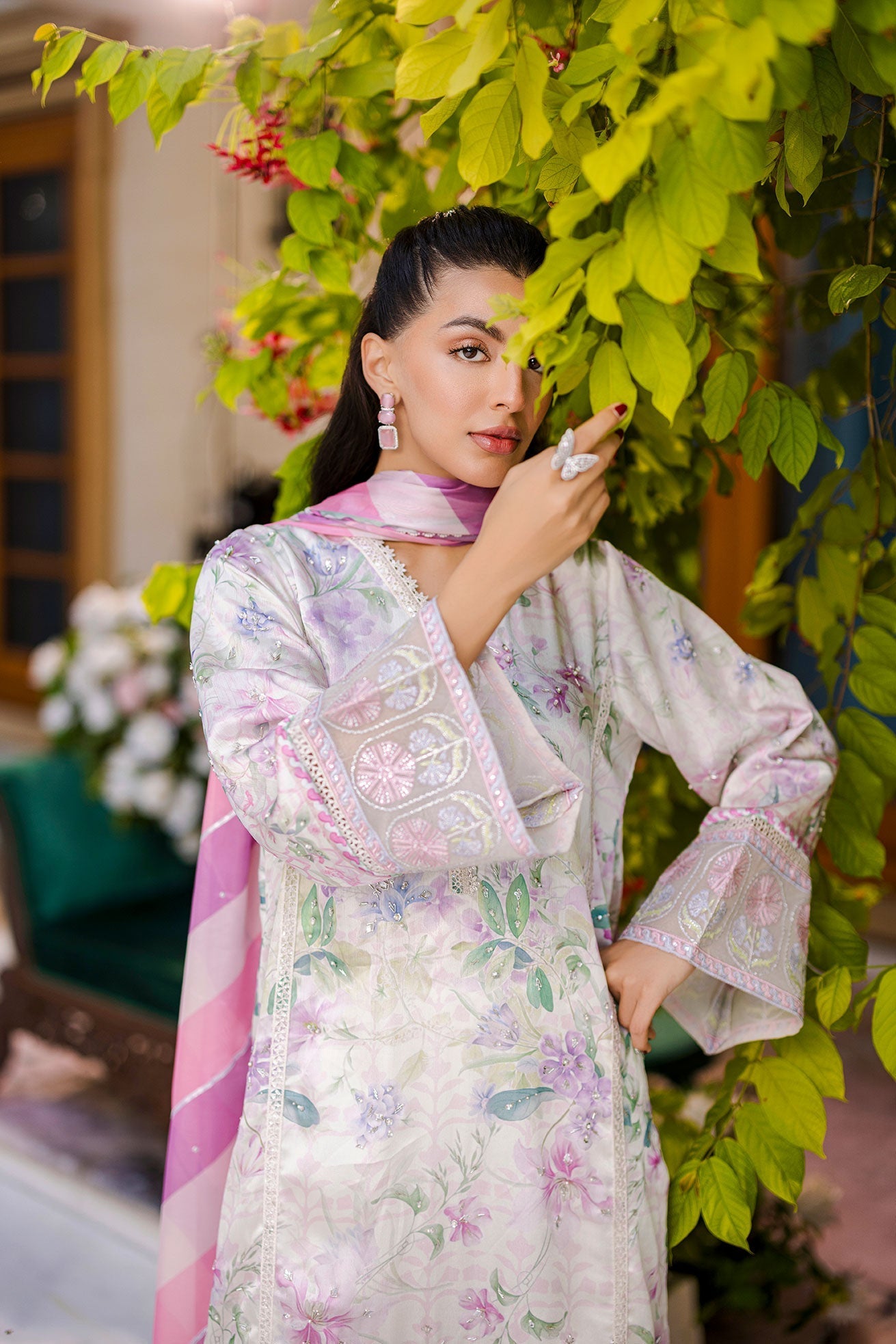 Dhanak | Silk Pret | Silk Tunic - 2PCS HAND EMBELLISHED SHIRT WITH TROUSER- OFF WHITE - House Of Hania