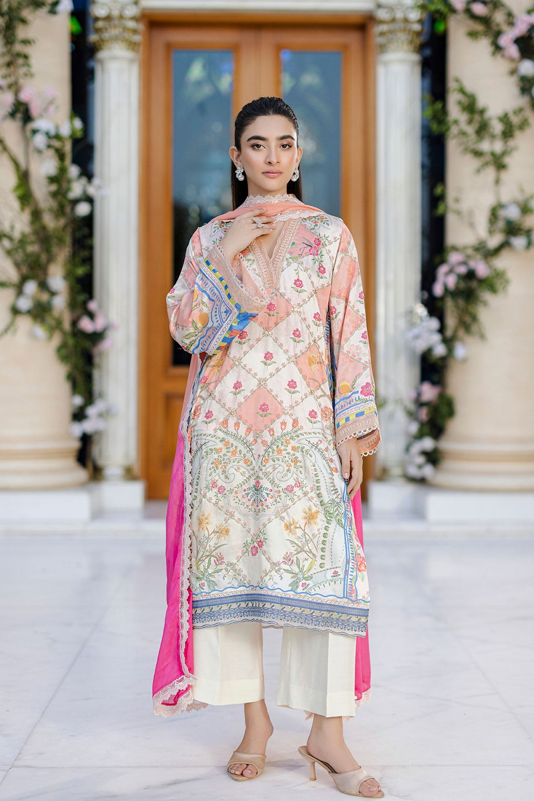 Dhanak | Silk Pret | Silk Tunic - 2PCS HAND EMBELLISHED SHIRT WITH TROUSER- ORANGE - House Of Hania
