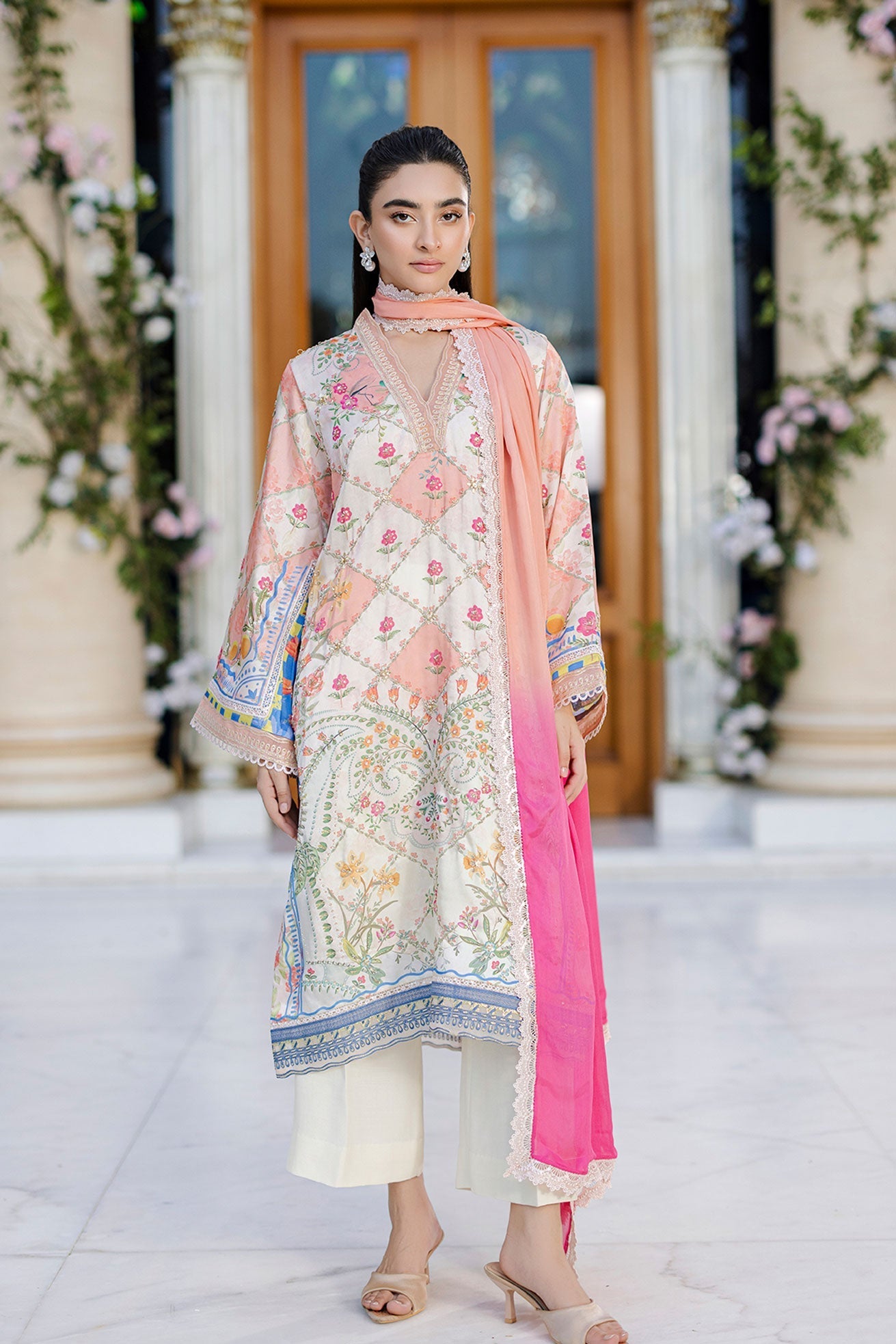 Dhanak | Silk Pret | Silk Tunic - 2PCS HAND EMBELLISHED SHIRT WITH TROUSER- ORANGE - House Of Hania