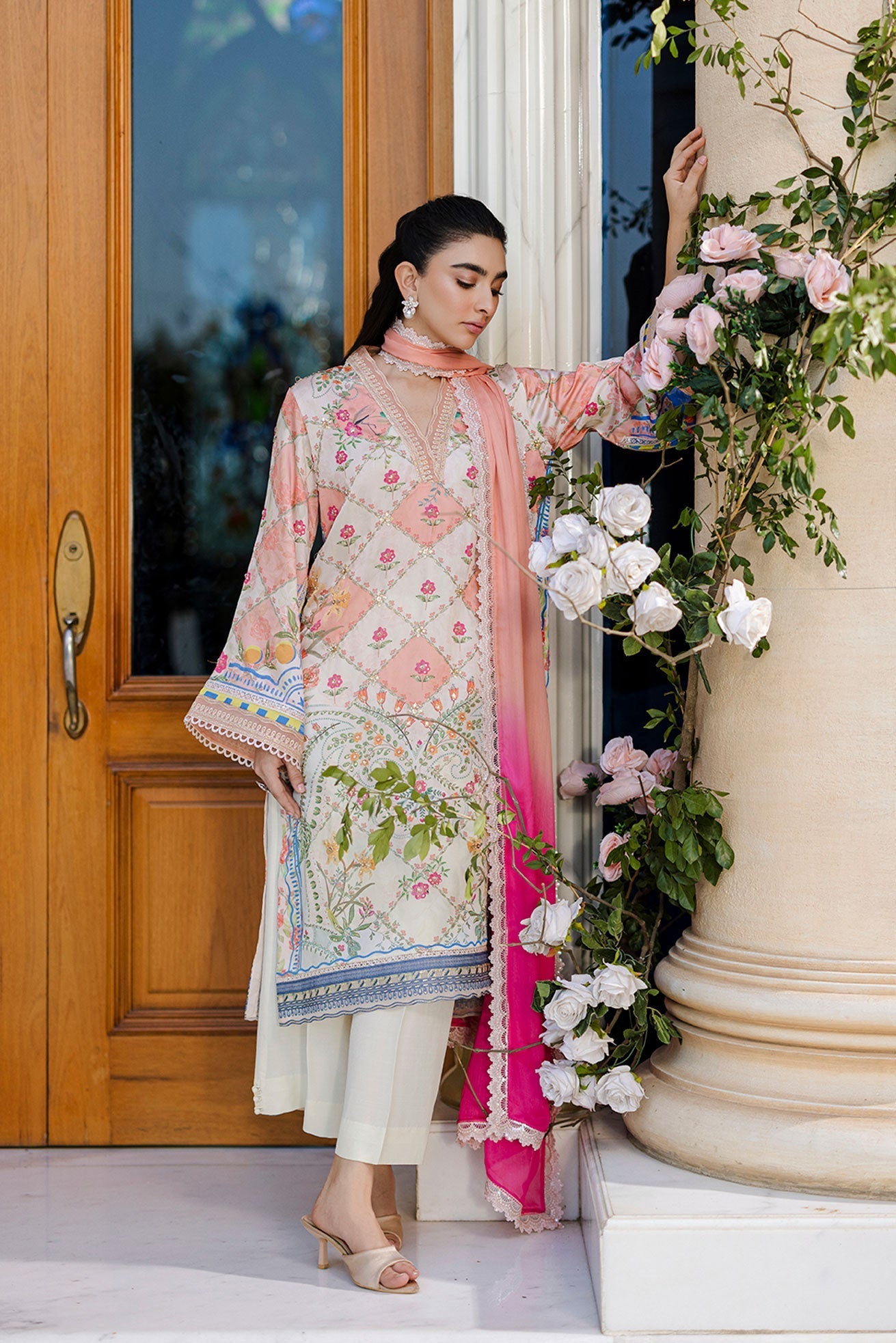 Dhanak | Silk Pret | Silk Tunic - 2PCS HAND EMBELLISHED SHIRT WITH TROUSER- ORANGE - House Of Hania