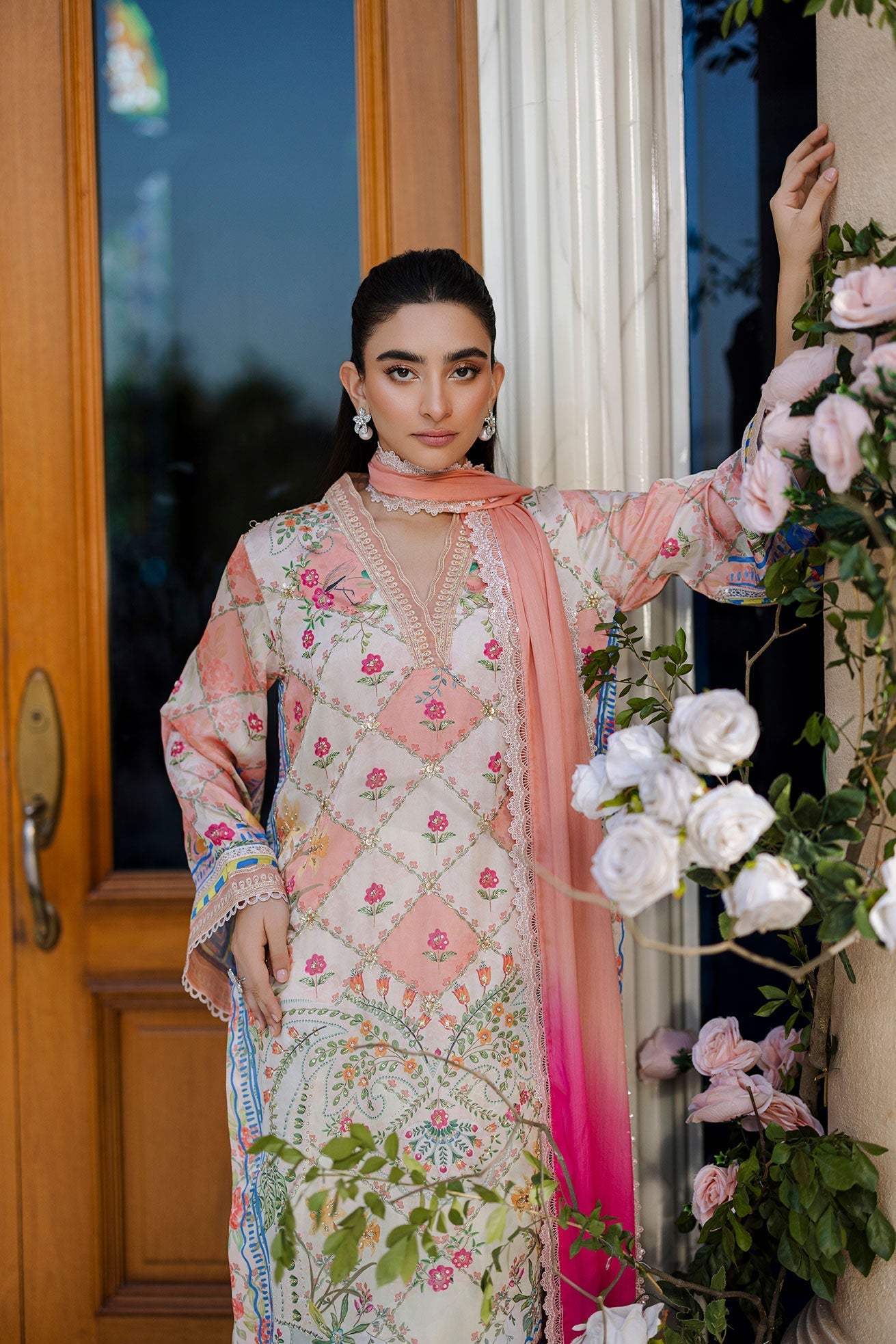 Dhanak | Silk Pret | Silk Tunic - 2PCS HAND EMBELLISHED SHIRT WITH TROUSER- ORANGE - House Of Hania