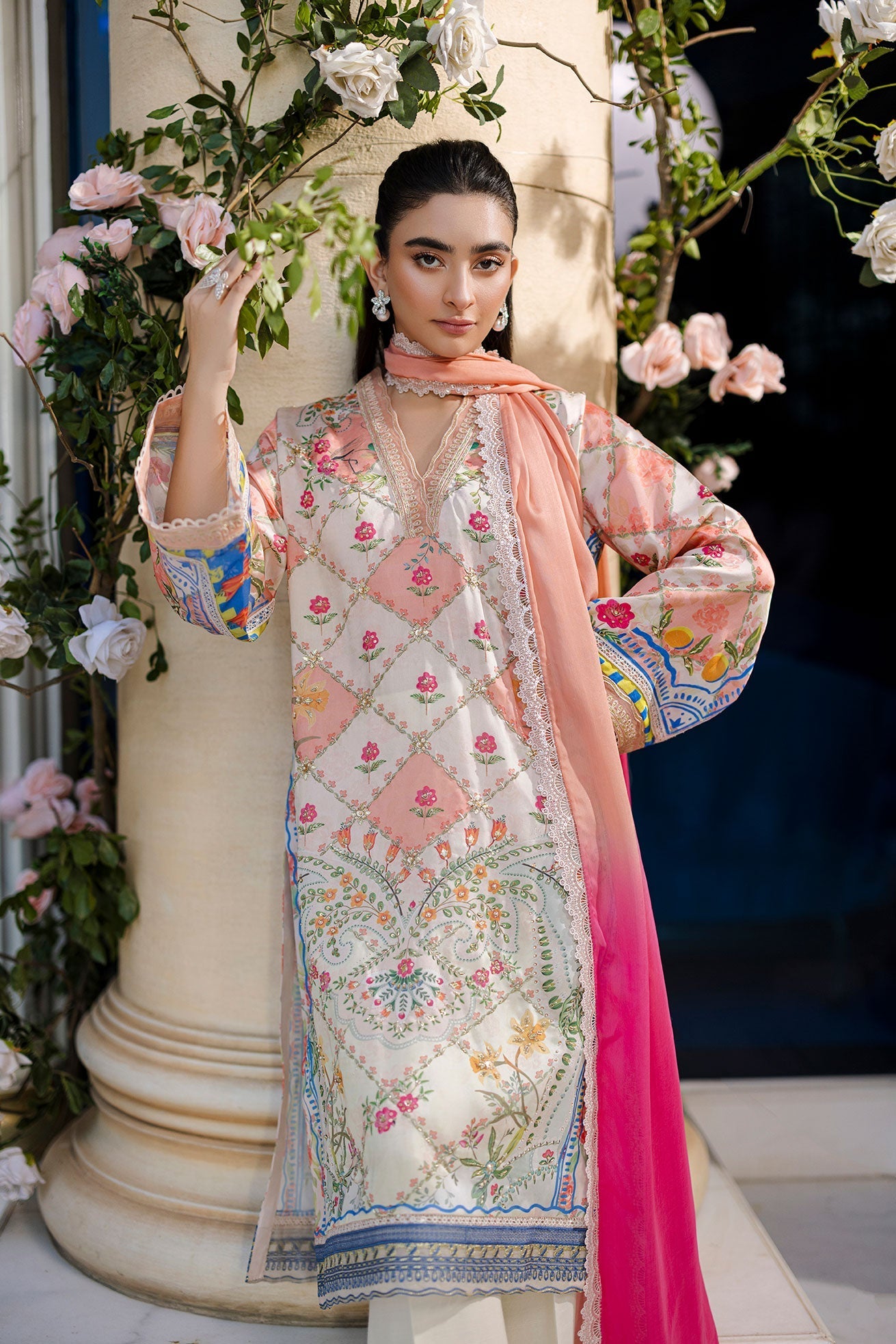 Dhanak | Silk Pret | Silk Tunic - 2PCS HAND EMBELLISHED SHIRT WITH TROUSER- ORANGE - House Of Hania