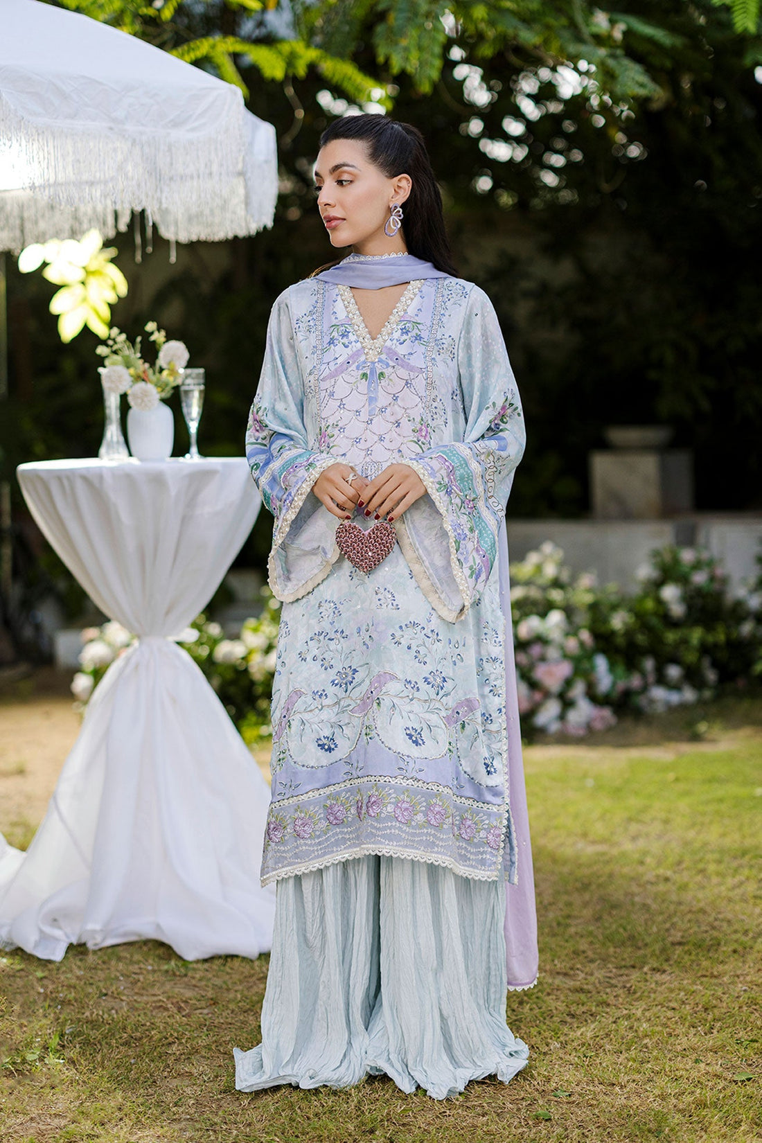 Dhanak | Silk Pret | Silk Tunic - 2PCS HAND EMBELLISHED SHIRT WITH TROUSER- SKY BLUE - House Of Hania