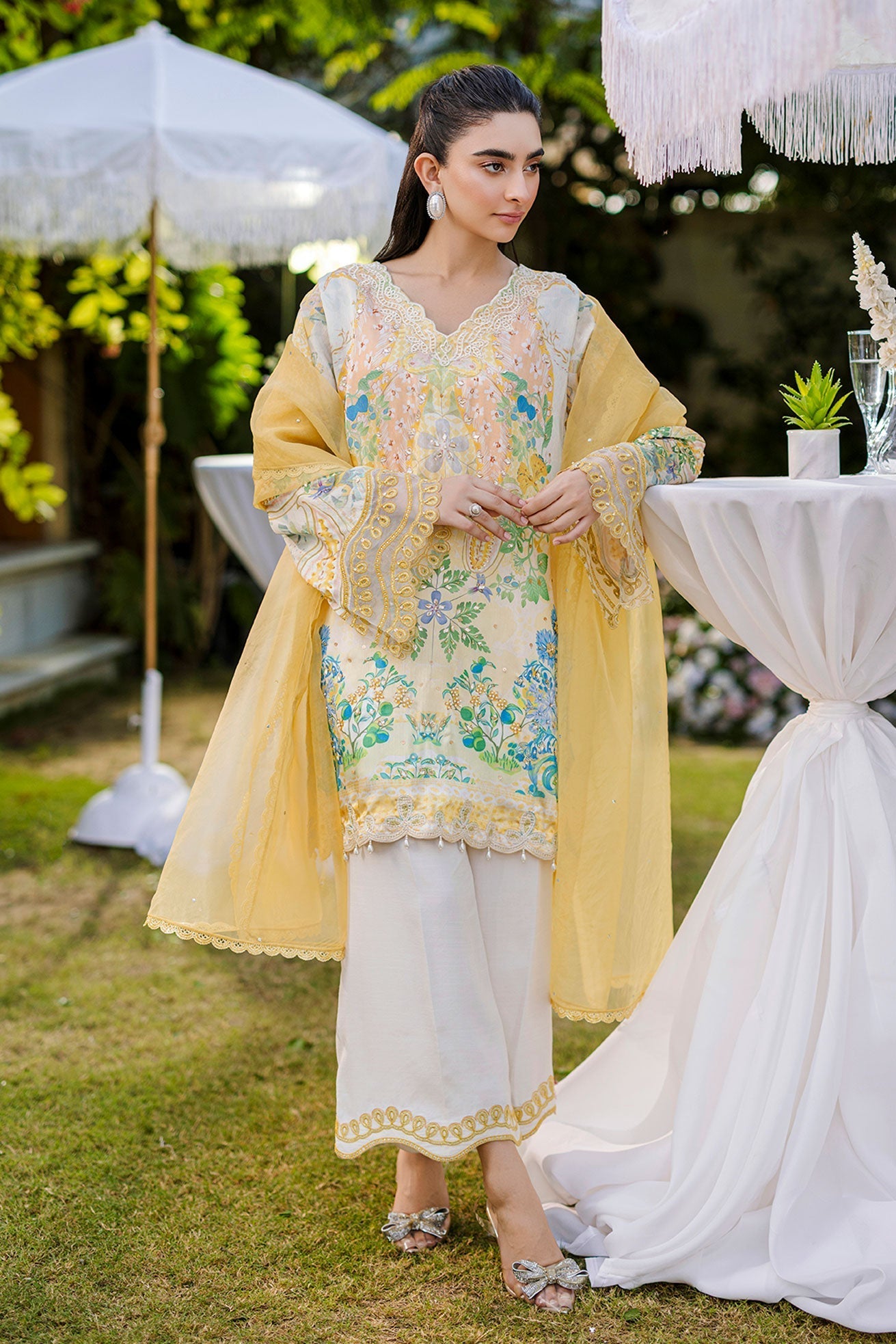 Dhanak | Silk Pret | Silk Tunic - 2PCS HAND EMBELLISHED SHIRT WITH TROUSER- YELLOW - House Of Hania