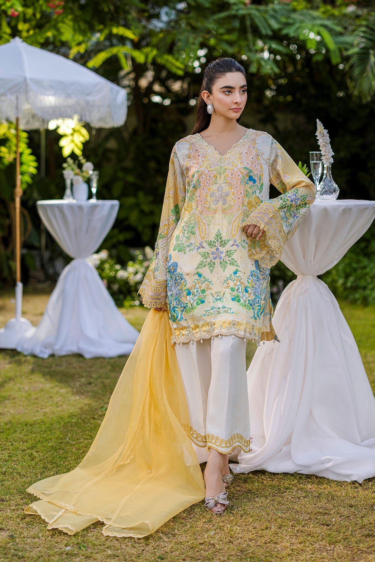 Dhanak | Silk Pret | Silk Tunic - 2PCS HAND EMBELLISHED SHIRT WITH TROUSER- YELLOW - House Of Hania