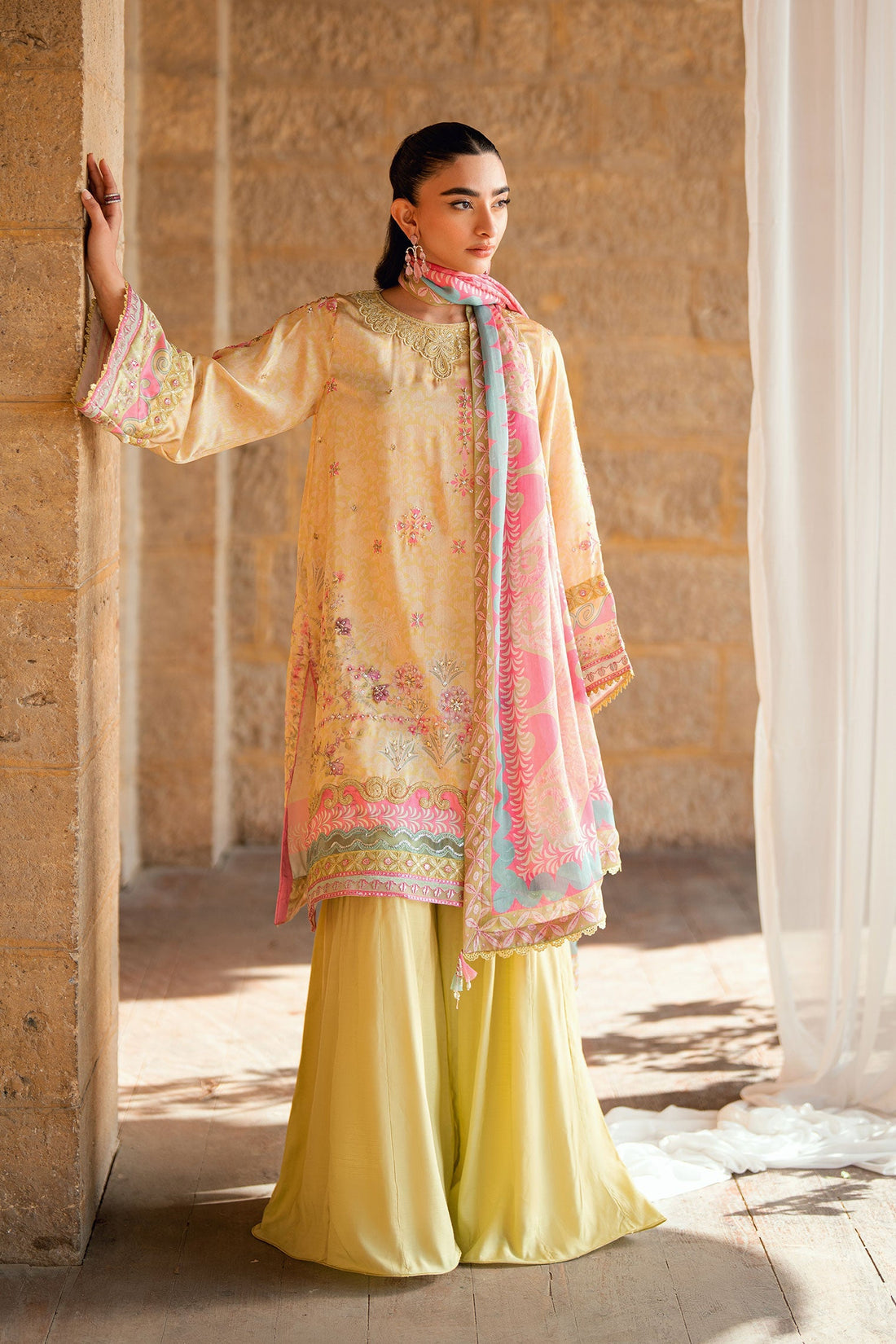 Dhanak | Silk Pret | YELLOW 2PCS HAND EMBELLISHED KURTA WITH TROUSER - House Of Hania