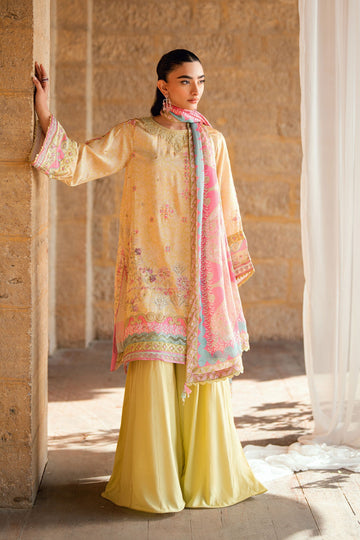 Dhanak | Silk Pret | YELLOW 2PCS HAND EMBELLISHED KURTA WITH TROUSER - House Of Hania