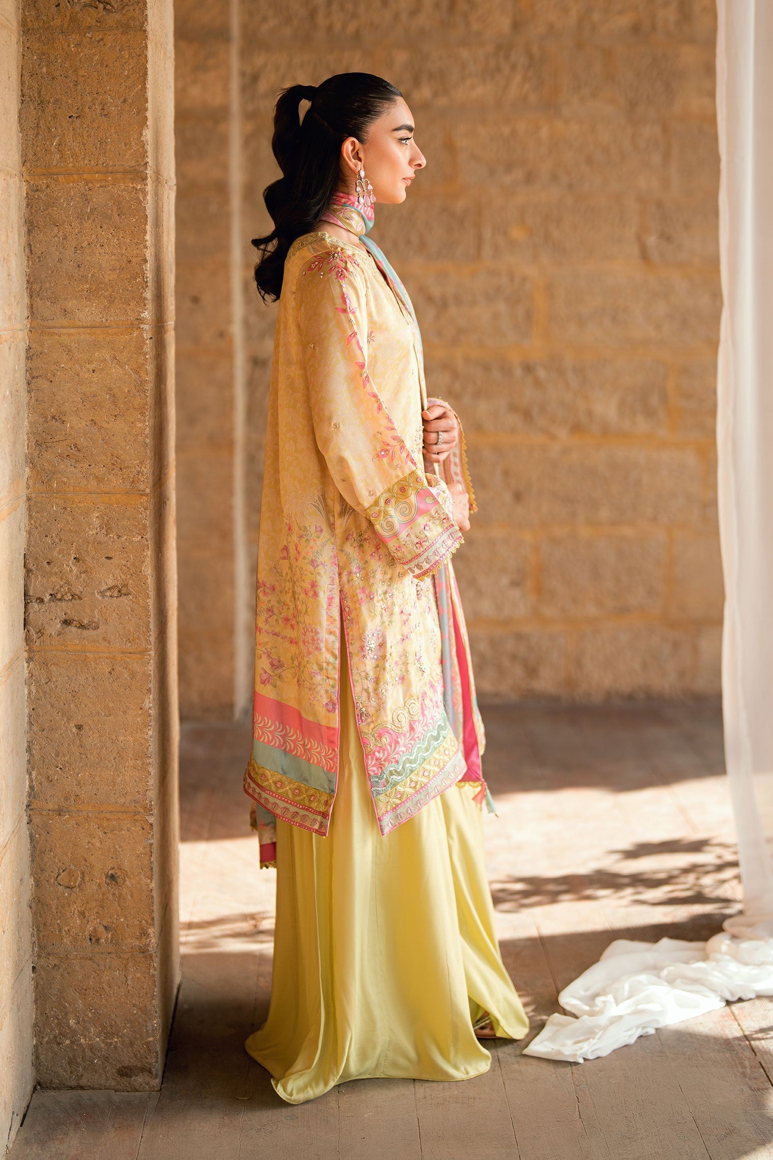 Dhanak | Silk Pret | YELLOW 2PCS HAND EMBELLISHED KURTA WITH TROUSER - House Of Hania