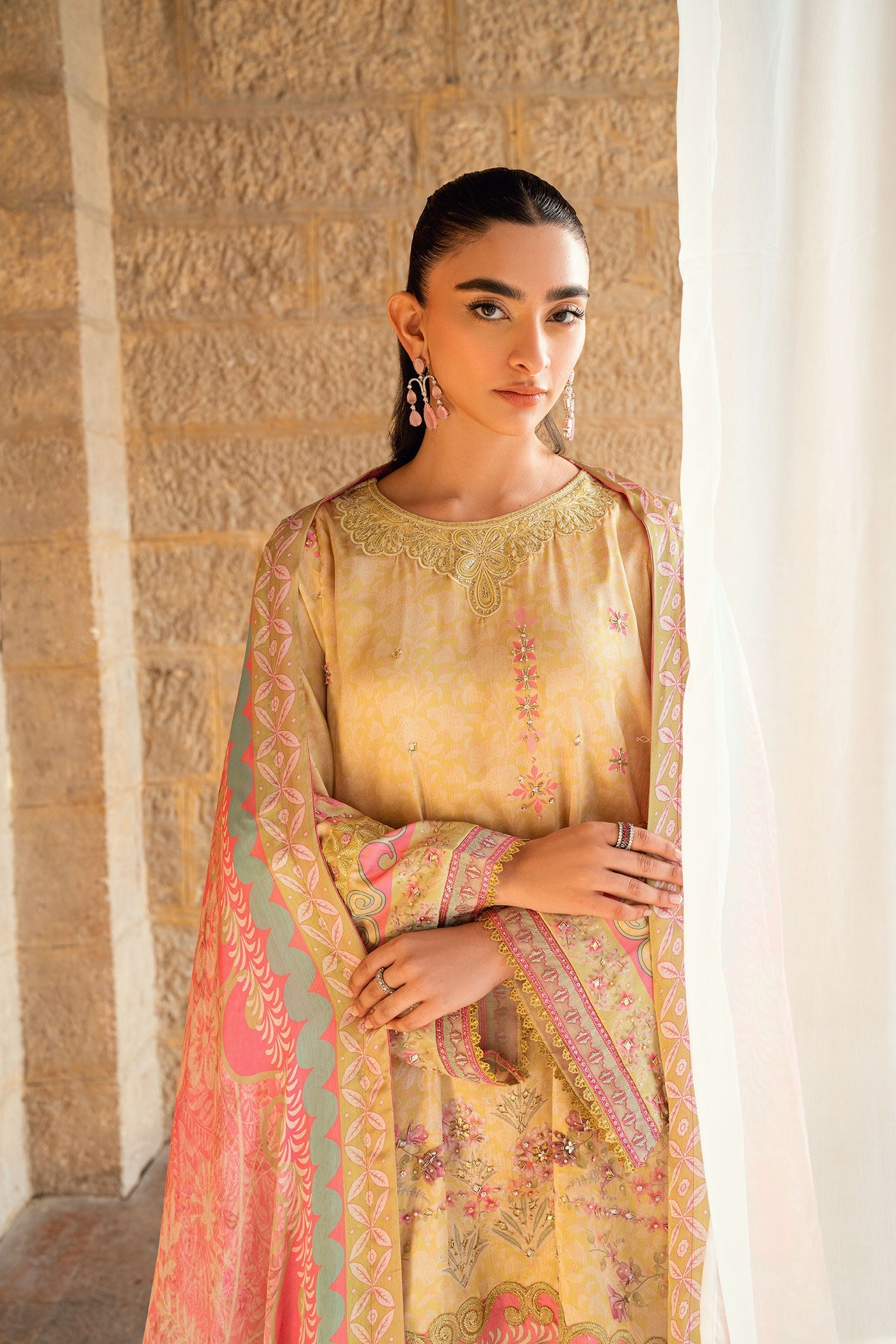 Dhanak | Silk Pret | YELLOW 2PCS HAND EMBELLISHED KURTA WITH TROUSER - House Of Hania