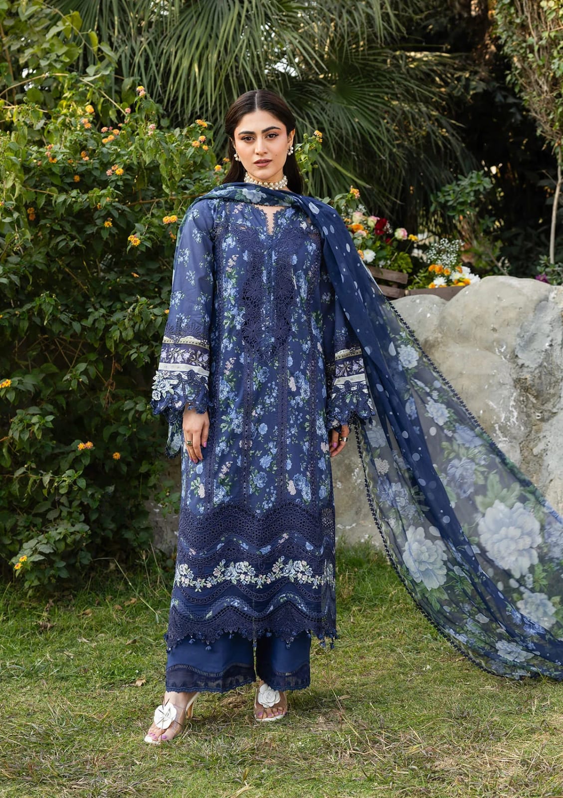 Elaf Premium |CHIKANKARI PRINTS 26 | ERC-3B NEEL - House Of Hania