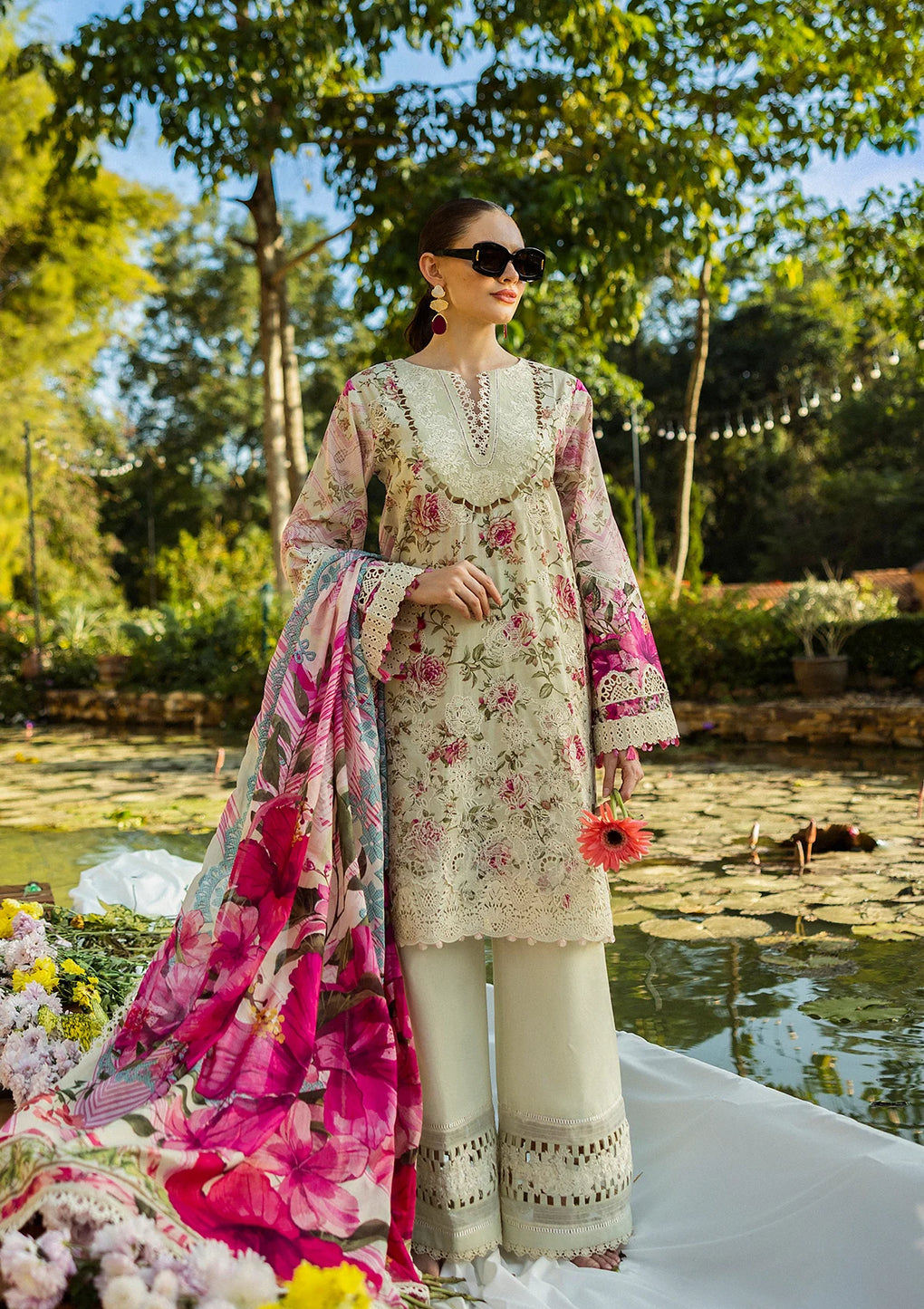 Elaf Premium | Print Chikankari 25 | ELK-06B ROSES & WHITES - House Of Hania