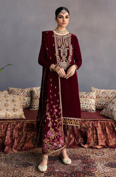 Emaan Adeel Makhmal Embroidered Velvet 3Pc Suit MK-02 ROSHANAY - House Of Hania
