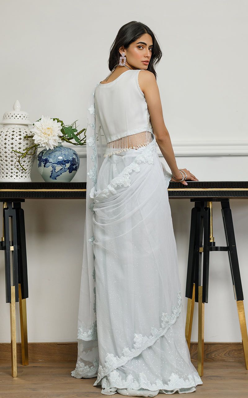 Embroidered Blouse Saree with Sequins Peticoat - House Of Hania