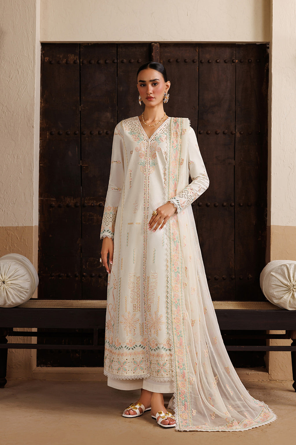 Emaan Adeel EUPHONY P0119 lawn outfit in ivory — front view
