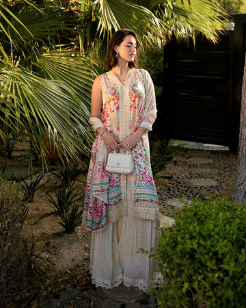 Faiza Saqlain Beldene – Printed Chiffon Gharara Set (3-Piece) - House Of Hania