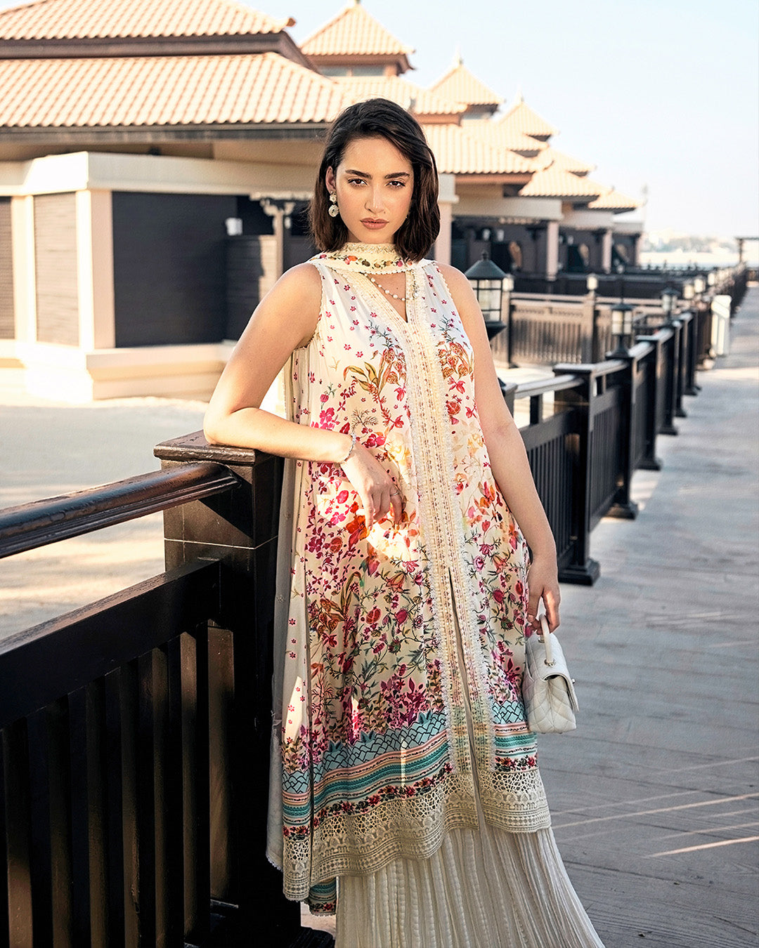 Faiza Saqlain Beldene – Printed Chiffon Gharara Set (3-Piece) - House Of Hania