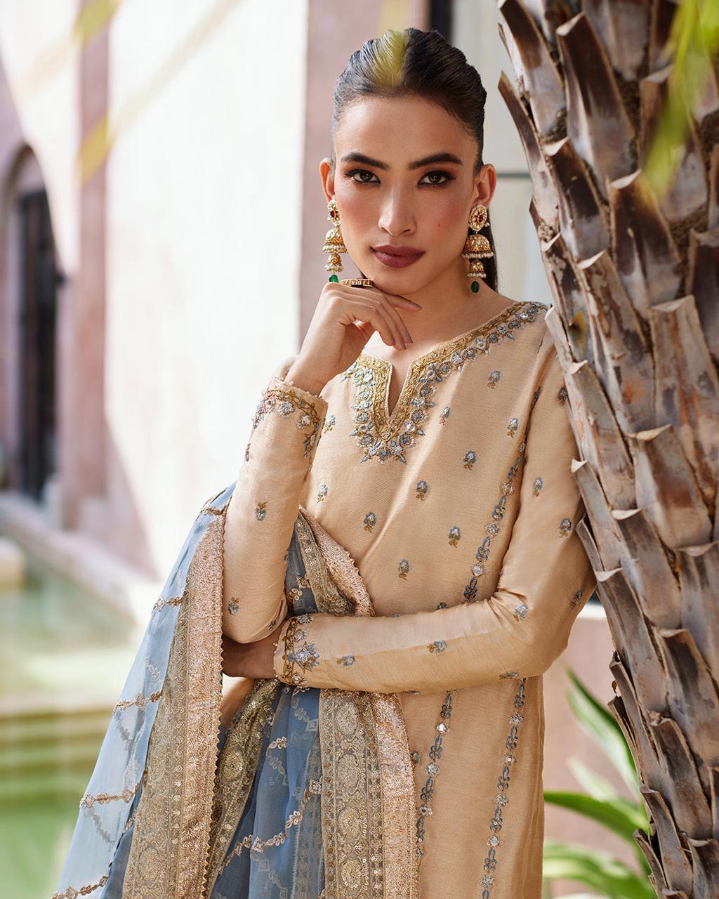 Faiza Saqlain Yelena – Embroidered Raw Silk Suit (3-Piece) - House Of Hania