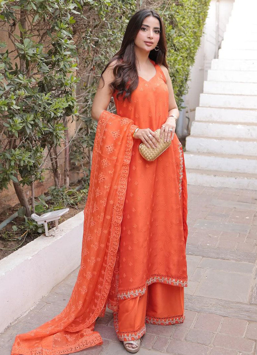 Farah Talib Aziz | Designer Picks 24 | AMREN TANGERINE SHIRT AND DUPATTA - House Of Hania