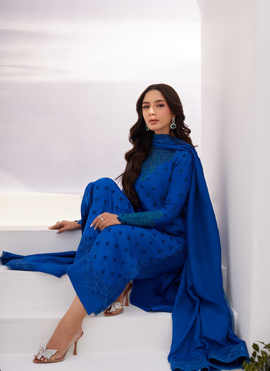 Farah Talib Aziz | Designer Picks 24 | CHARR BLUE EMBROIDERED RAW SILK SHIRT AND DUPATTA - House Of Hania