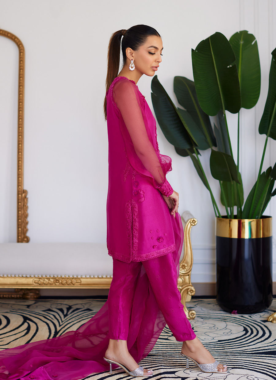 Farah Talib Aziz | Designer Picks 24 | ELIO HOT PINK RAW SILK SHIRT WITH DUPATTA - House Of Hania