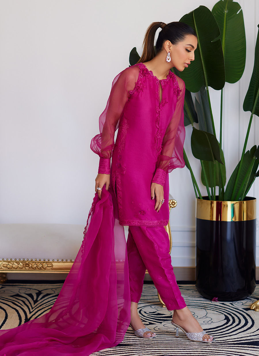 Farah Talib Aziz | Designer Picks 24 | ELIO HOT PINK RAW SILK SHIRT WITH DUPATTA - House Of Hania