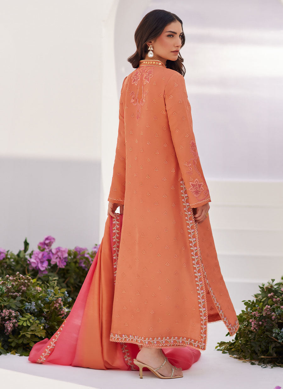 Farah Talib Aziz | Designer Picks 24 | ELYNA CORAL EMBROIDERED RAW SILK SHIRT AND DUPATTA - House Of Hania