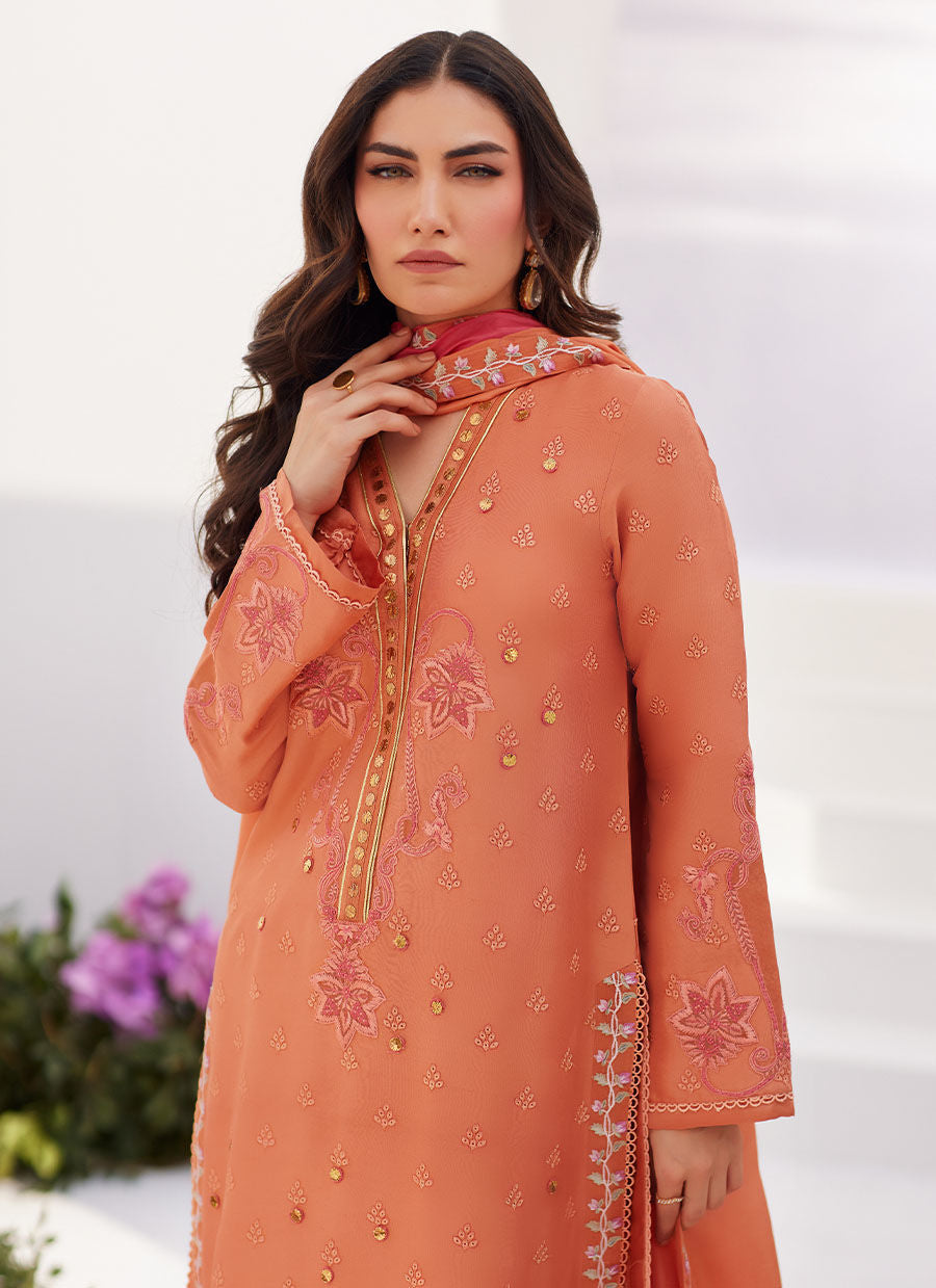 Farah Talib Aziz | Designer Picks 24 | ELYNA CORAL EMBROIDERED RAW SILK SHIRT AND DUPATTA - House Of Hania