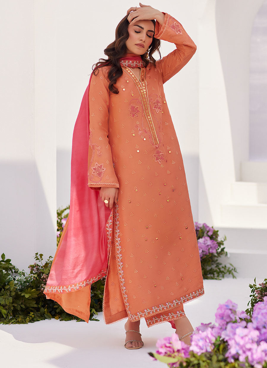 Farah Talib Aziz | Designer Picks 24 | ELYNA CORAL EMBROIDERED RAW SILK SHIRT AND DUPATTA - House Of Hania