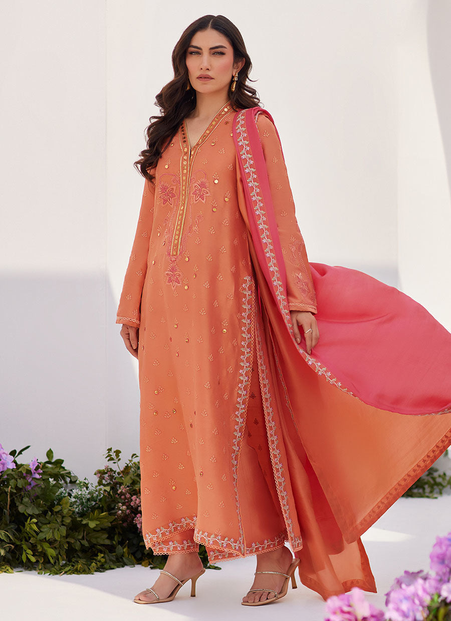 Farah Talib Aziz | Designer Picks 24 | ELYNA CORAL EMBROIDERED RAW SILK SHIRT AND DUPATTA - House Of Hania