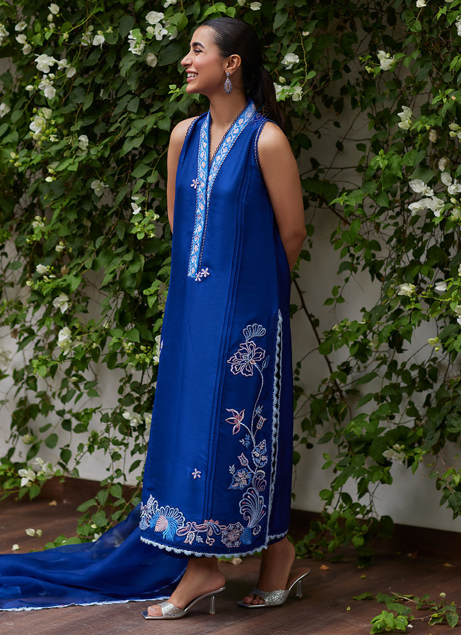 Farah Talib Aziz | Designer Picks 24 | INGA INK BLUE EMBROIDERED RAW SILK SHIRT AND DUPATTA - House Of Hania