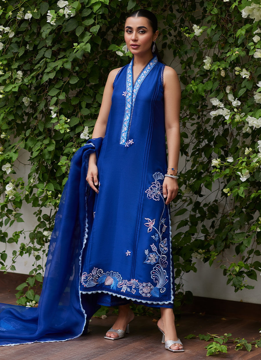 Farah Talib Aziz | Designer Picks 24 | INGA INK BLUE EMBROIDERED RAW SILK SHIRT AND DUPATTA - House Of Hania
