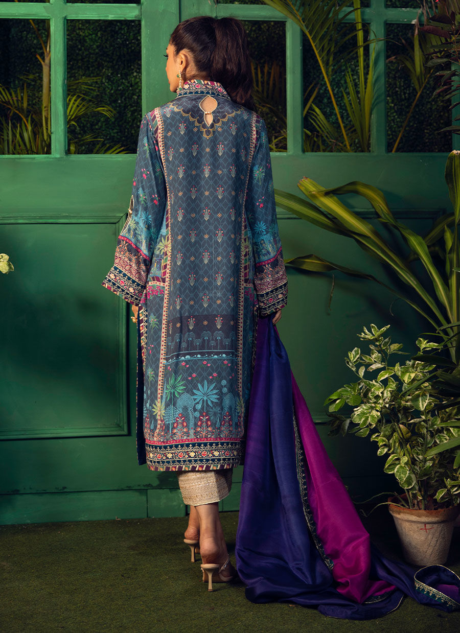 Farah Talib Aziz | Designer Picks 24 | IRAAN NAVY PRINTED CREPE SILK KURTA WITH SILK OMBRE DUPATTA - House Of Hania