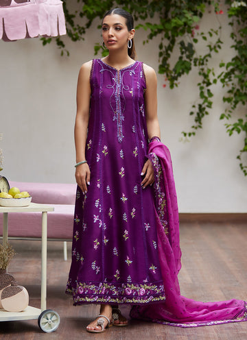 Farah Talib Aziz | Designer Picks 24 | IRINA PLUM EMBROIDERED RAW SILK SHIRT WITH DUPATTA - House Of Hania