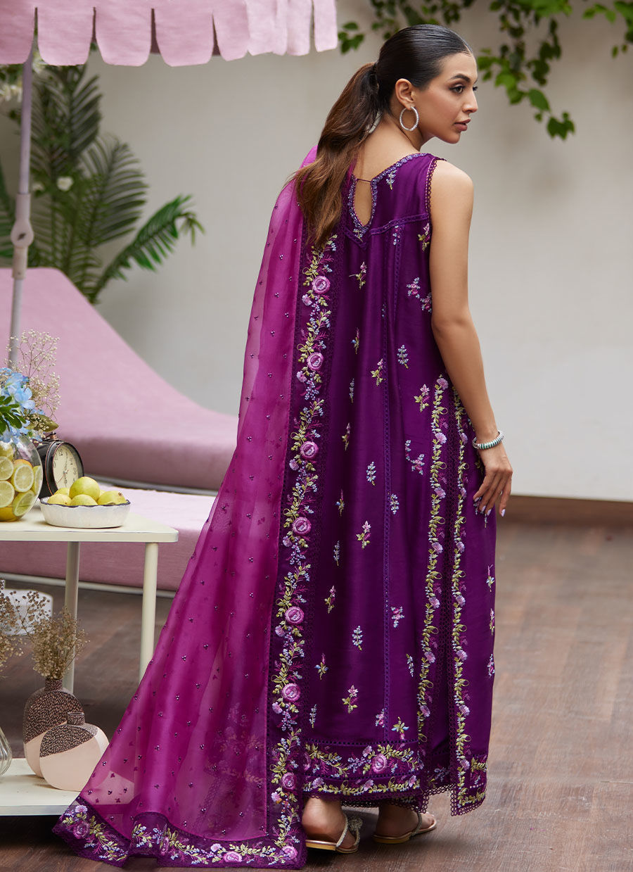 Farah Talib Aziz | Designer Picks 24 | IRINA PLUM EMBROIDERED RAW SILK SHIRT WITH DUPATTA - House Of Hania