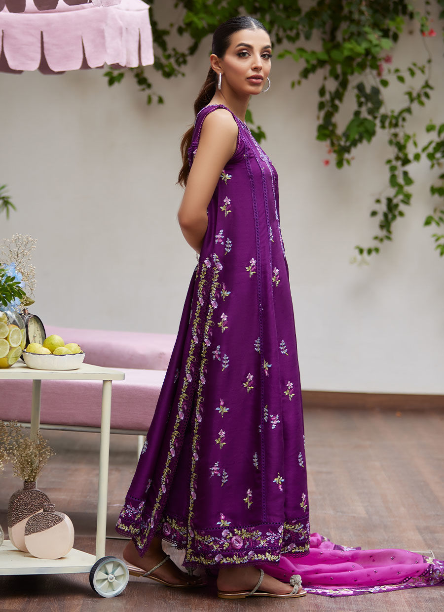 Farah Talib Aziz | Designer Picks 24 | IRINA PLUM EMBROIDERED RAW SILK SHIRT WITH DUPATTA - House Of Hania
