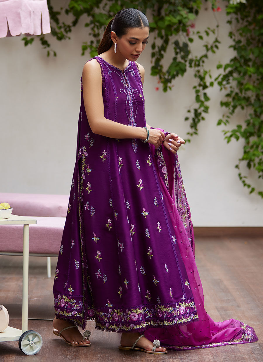 Farah Talib Aziz | Designer Picks 24 | IRINA PLUM EMBROIDERED RAW SILK SHIRT WITH DUPATTA - House Of Hania
