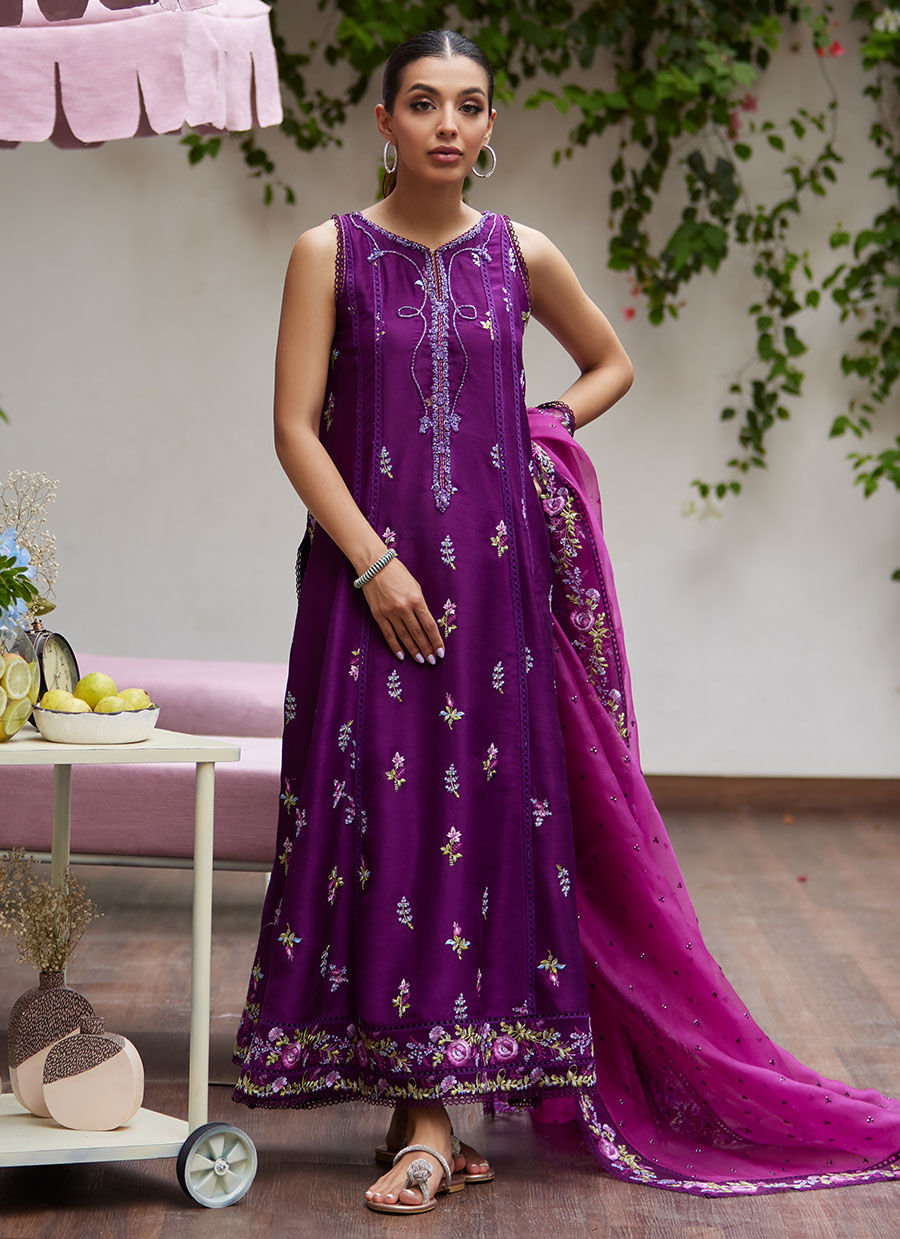 Farah Talib Aziz | Designer Picks 24 | IRINA PLUM EMBROIDERED RAW SILK SHIRT WITH DUPATTA - House Of Hania