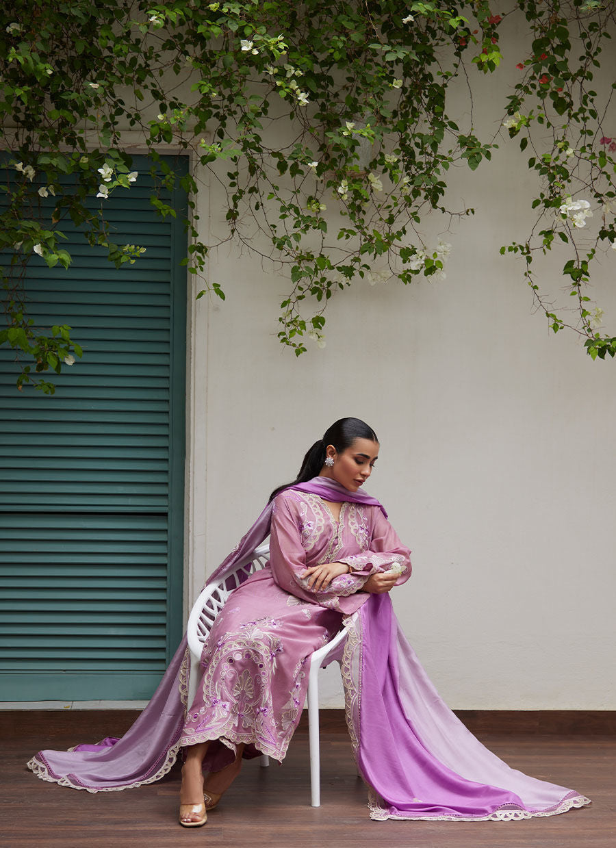 Farah Talib Aziz | Designer Picks 24 | IVAN MAUVE EMBROIDERED COTTON NET SHIRT WITH MEDIUM SILK DUPATTA - House Of Hania