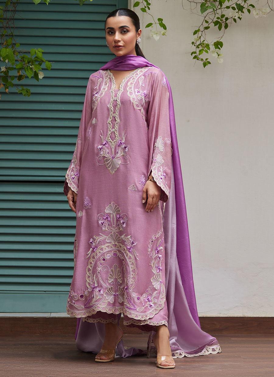 Farah Talib Aziz | Designer Picks 24 | IVAN MAUVE EMBROIDERED COTTON NET SHIRT WITH MEDIUM SILK DUPATTA - House Of Hania
