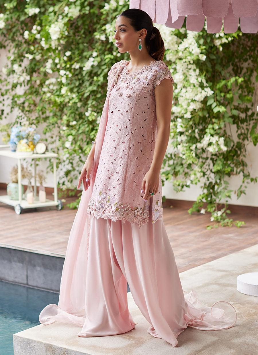 Farah Talib Aziz | Designer Picks 24 | KARINA BLUSH SCHIFFLI RAW SILK SHIRT WITH PRE-DRAPED DUPATTA - House Of Hania