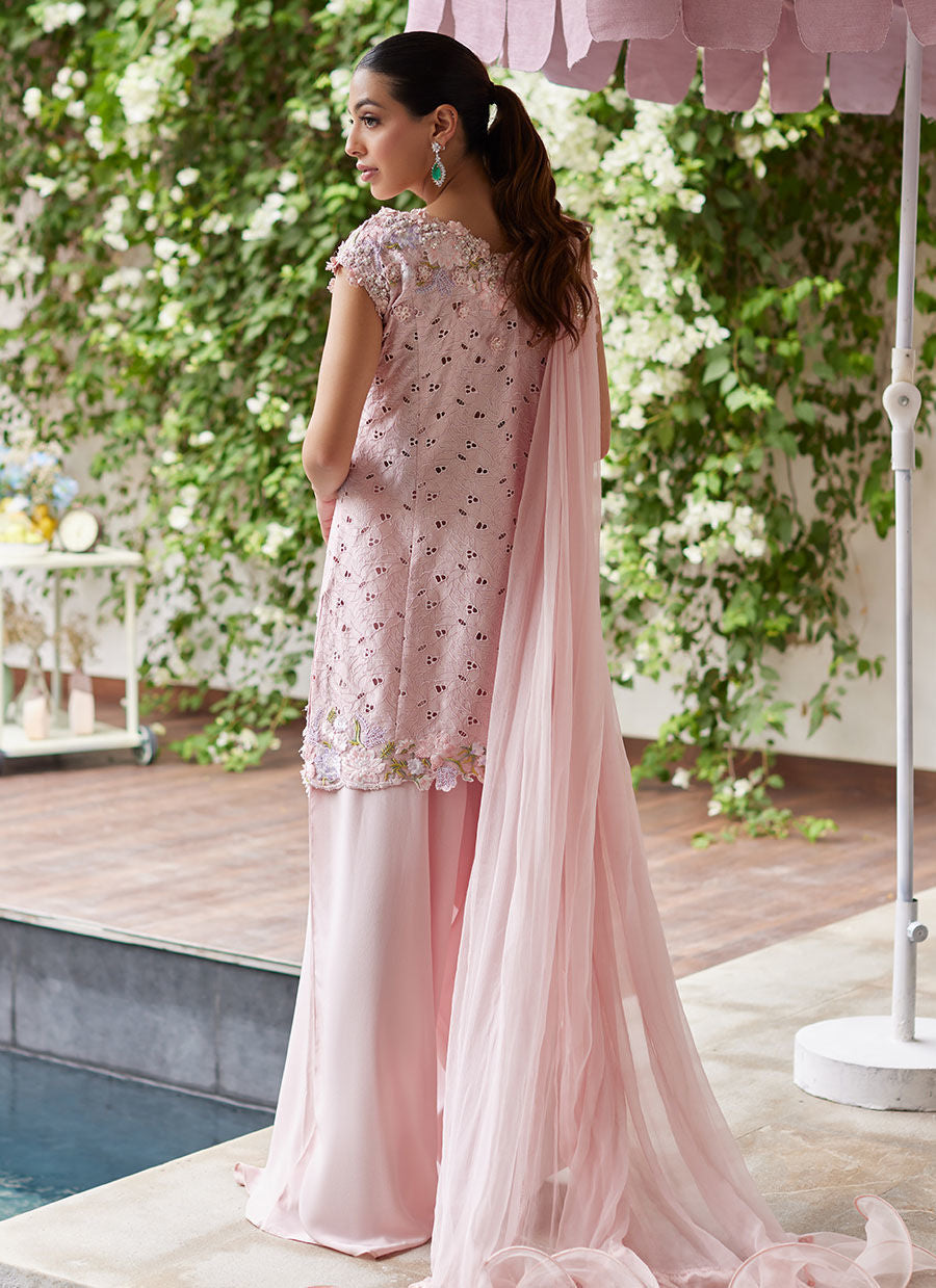 Farah Talib Aziz | Designer Picks 24 | KARINA BLUSH SCHIFFLI RAW SILK SHIRT WITH PRE-DRAPED DUPATTA - House Of Hania