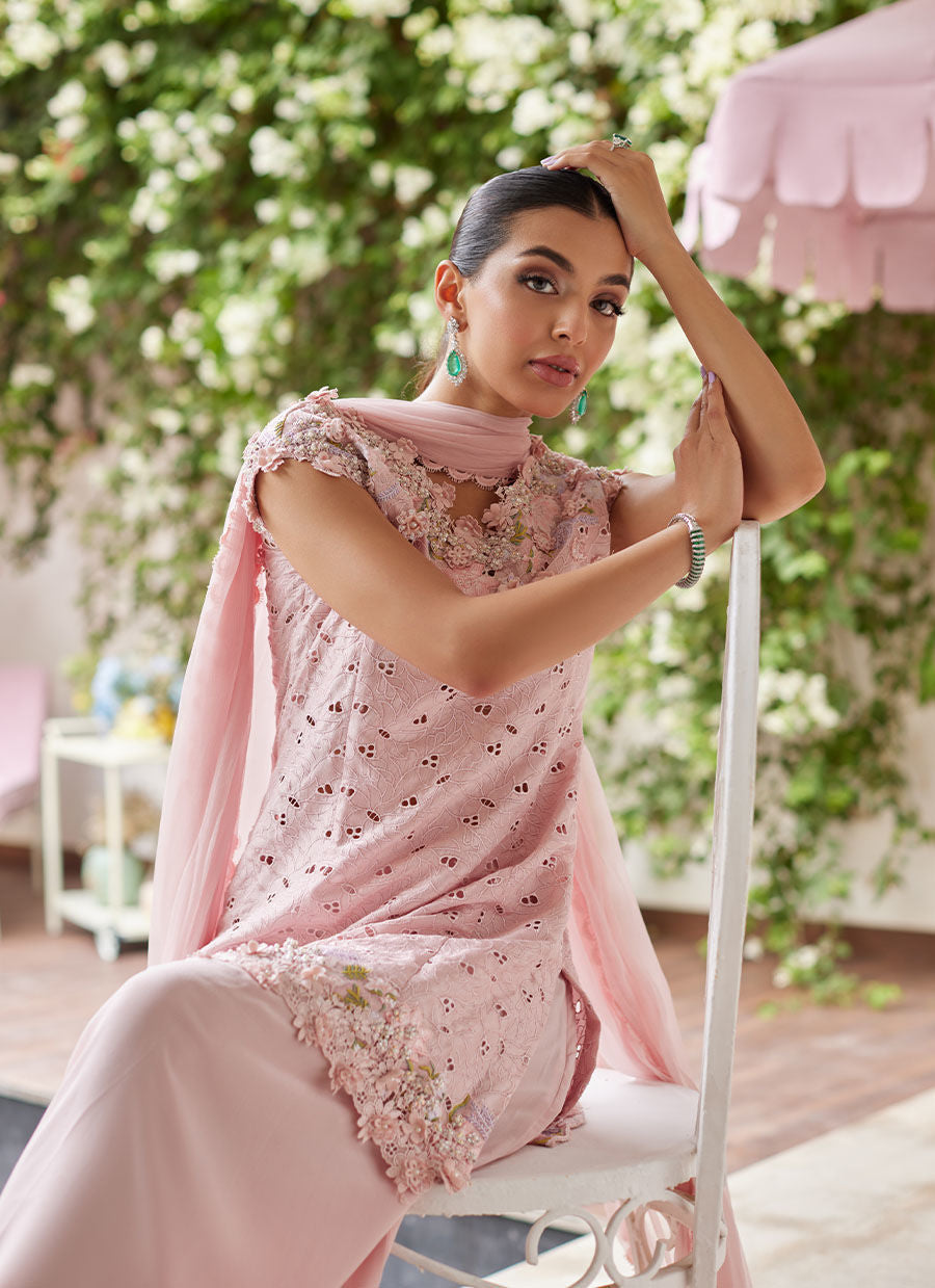 Farah Talib Aziz | Designer Picks 24 | KARINA BLUSH SCHIFFLI RAW SILK SHIRT WITH PRE-DRAPED DUPATTA - House Of Hania