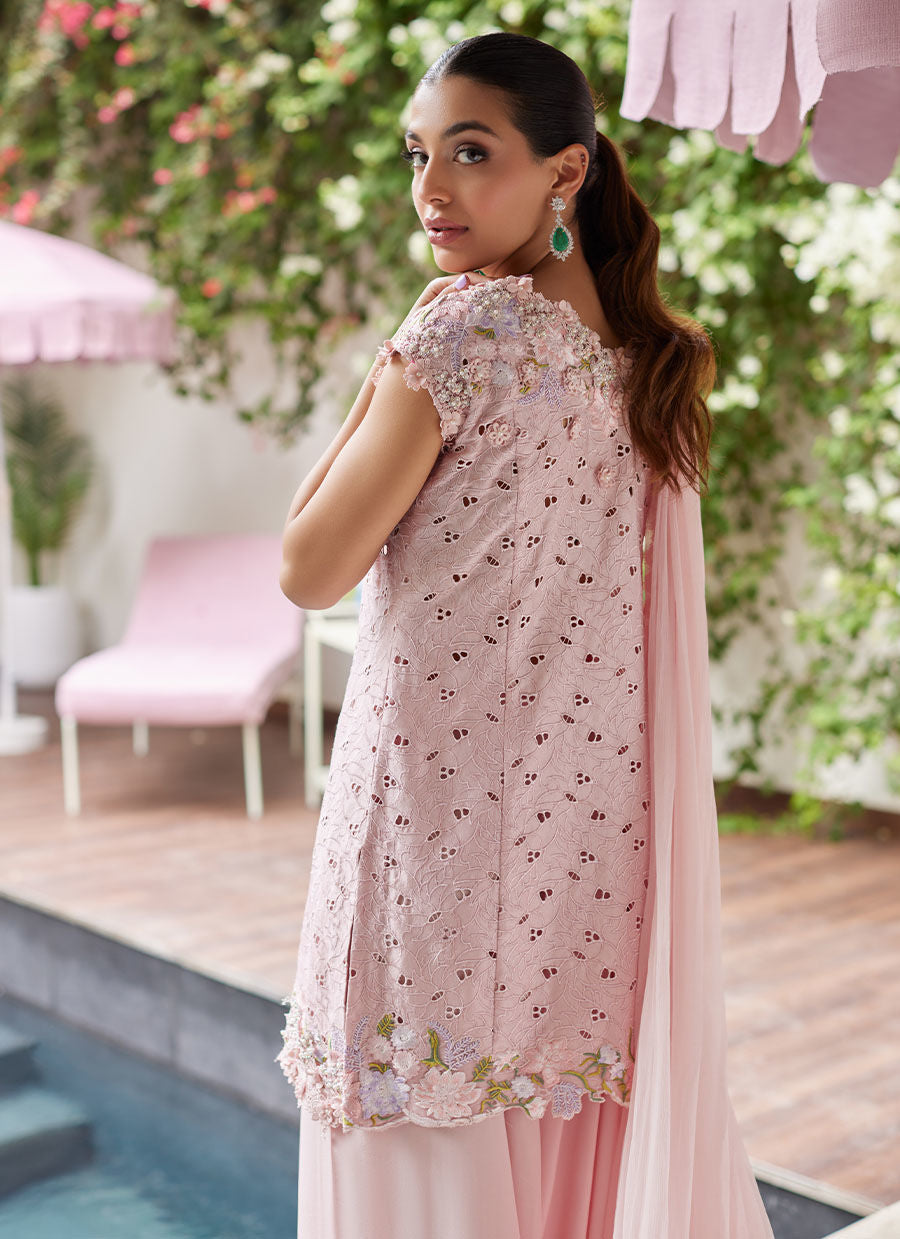 Farah Talib Aziz | Designer Picks 24 | KARINA BLUSH SCHIFFLI RAW SILK SHIRT WITH PRE-DRAPED DUPATTA - House Of Hania