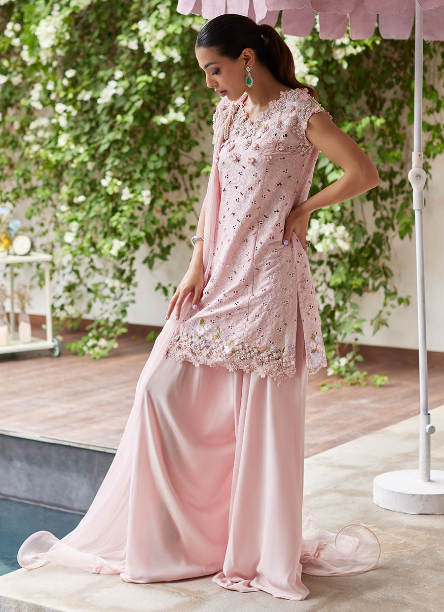Farah Talib Aziz | Designer Picks 24 | KARINA BLUSH SCHIFFLI RAW SILK SHIRT WITH PRE-DRAPED DUPATTA - House Of Hania